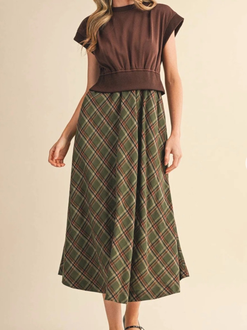 Olive Plaid Midi Skirt - Women